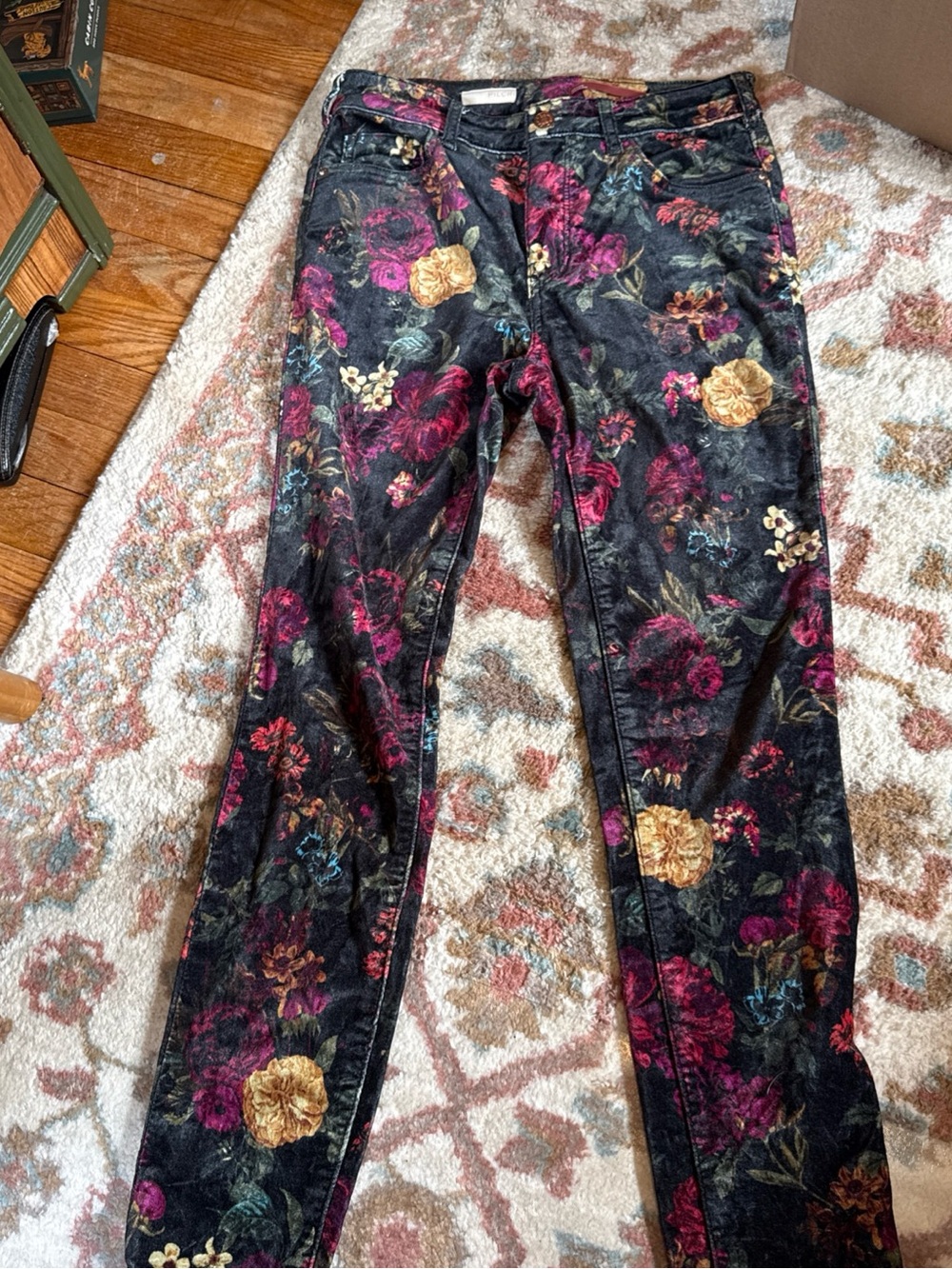 Free People Pilcro Mid Rise Velvet Skinny Jeans Floral Black Wine Gold 27